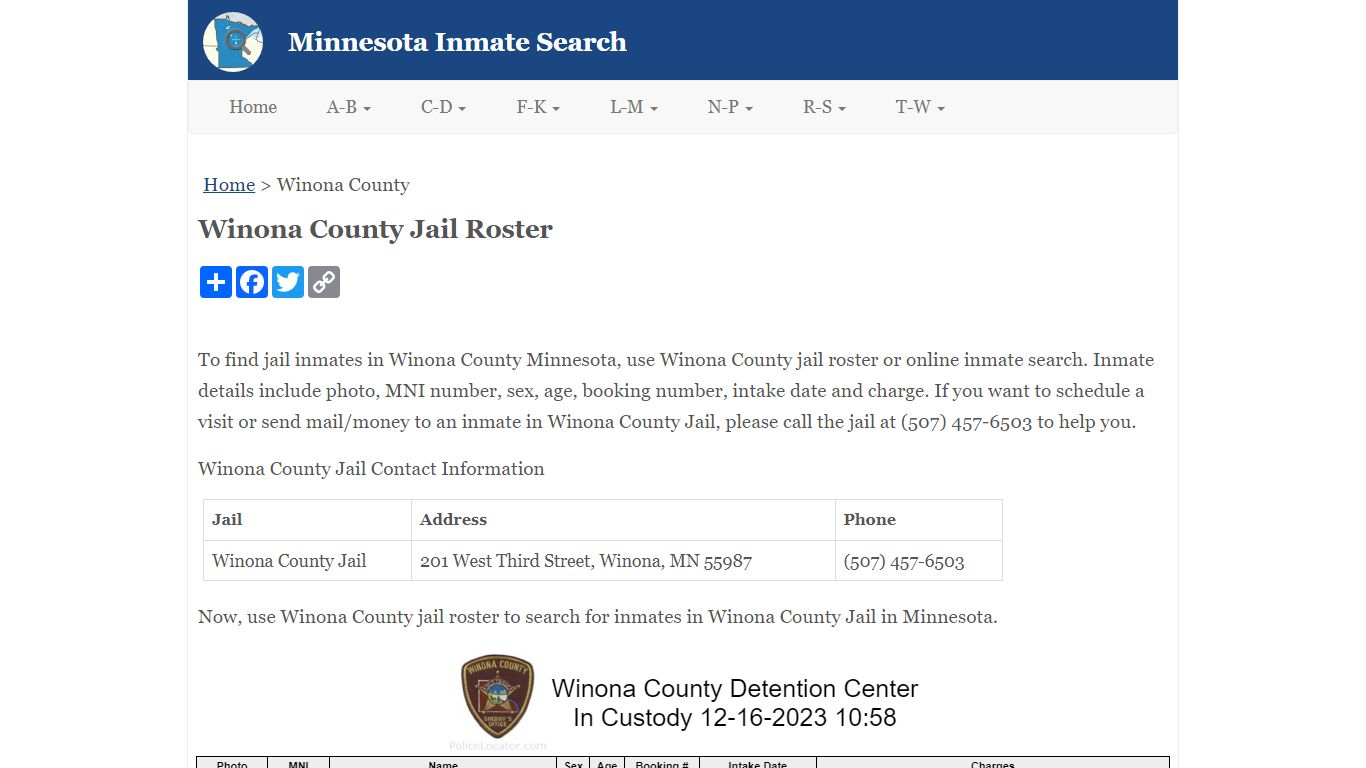 Winona County Jail Roster - Minnesota Inmate Search